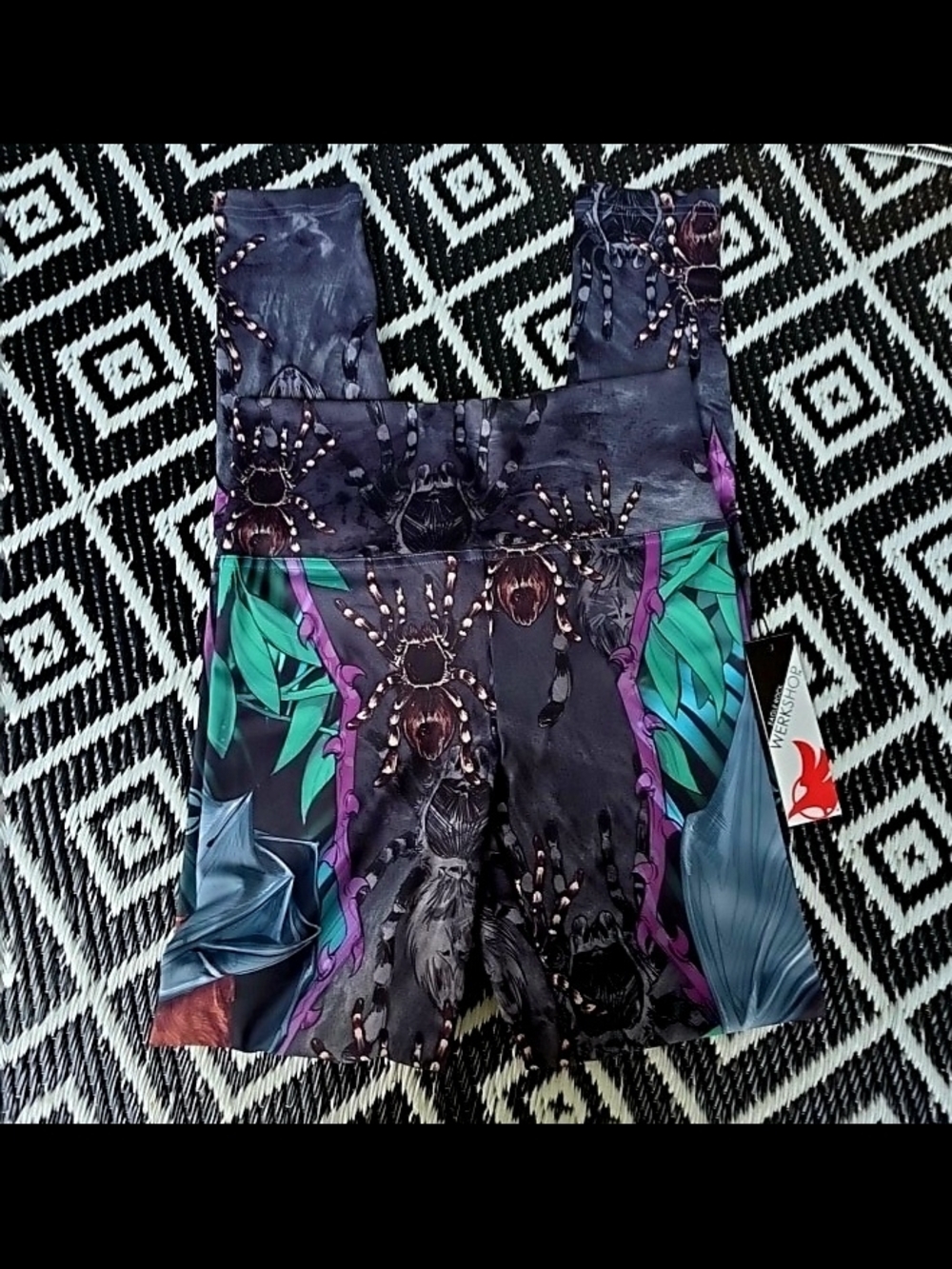Werk Hard Black Spider Print Leggings with Teal & Purple Accents